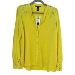 Grace Elements Long Sleeve Flowy Citron Yellow Eyelet Flowy Blouse Top. 12. NEW.